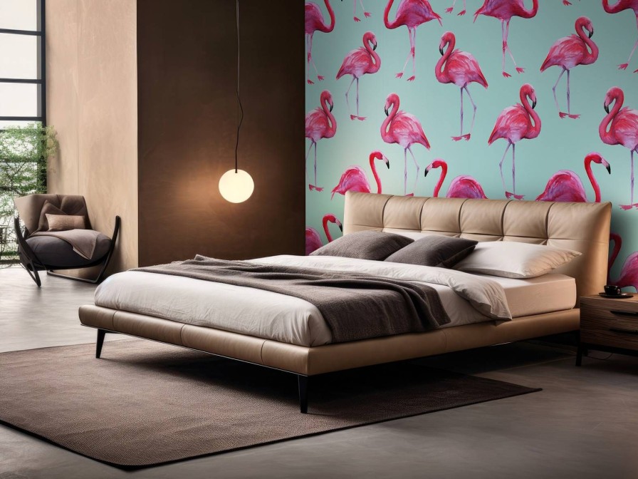 Dieren Wallgroup | Flamingo Print Met Een Blauwe Achtergrond Fotobehang