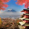 Architectuur Wallgroup | Japans Gebouw Met De Berg Fuji Op De Achtergrond Fotobehang