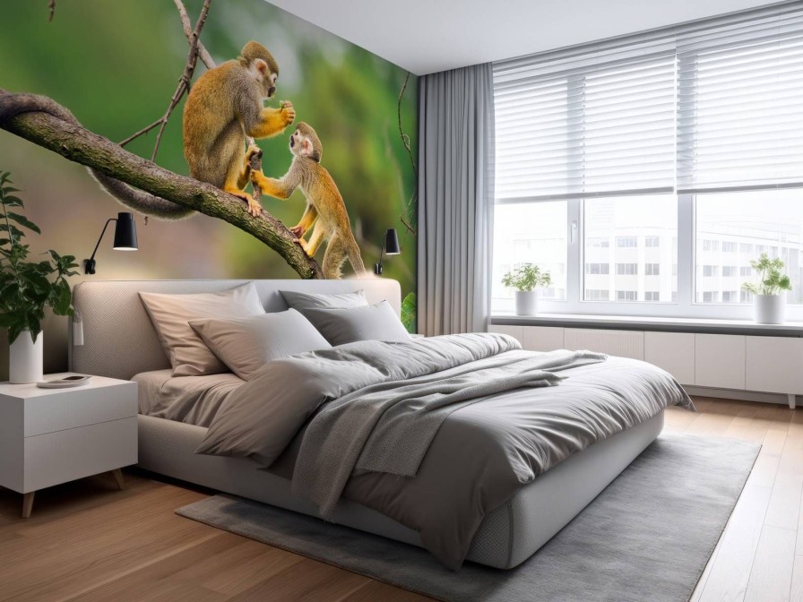 Dieren Wallgroup | Twee Doodshoofdaapjes Op Een Tak Fotobehang