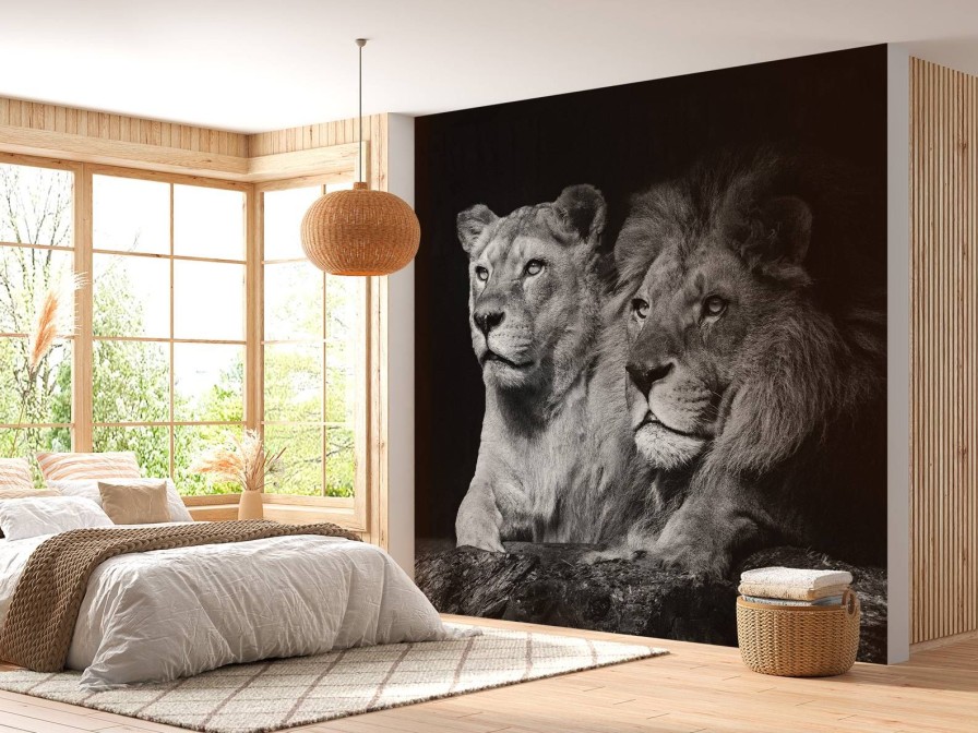 Dieren Wallgroup | Leeuw & Leeuwin Zwart-Wit Fotobehang