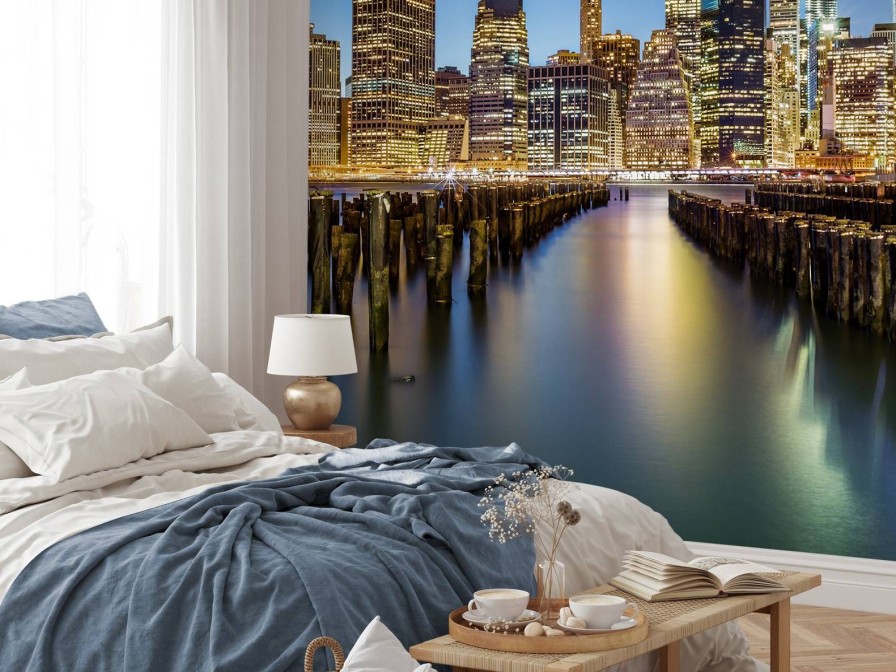 Architectuur Wallgroup | Lower Manhattan Vanaf Een Oude Pier In Brooklyn Fotobehang