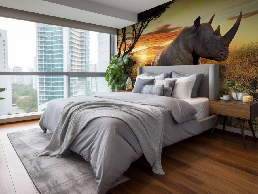 Dieren Wallgroup | Neushoorn Bij Zonsondergang Fotobehang