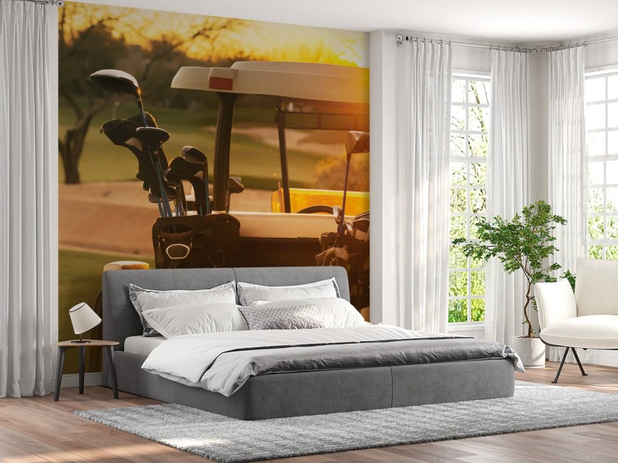 Sport Wallgroup | Golfwagen Bij Zonsondergang Fotobehang