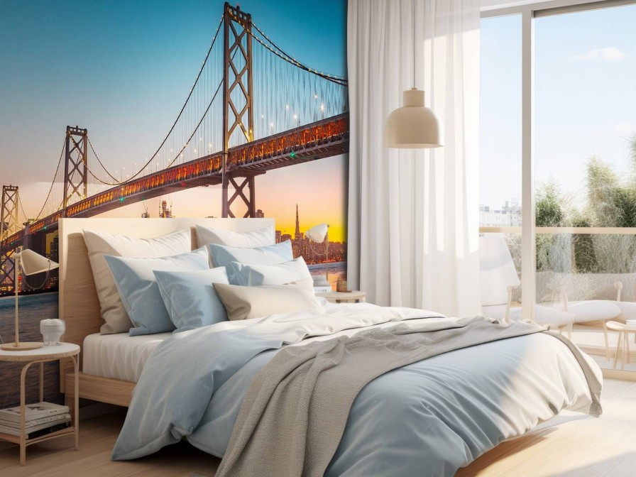 Architectuur Wallgroup | San Francisco-Oakland Bay Bridge In De Avond Fotobehang