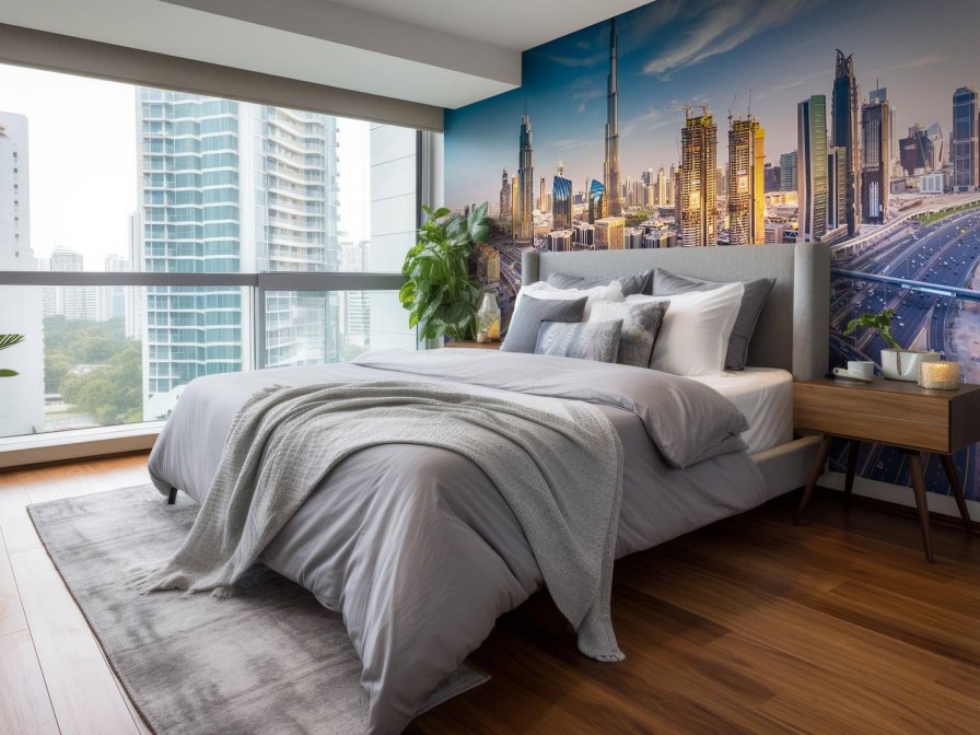 Architectuur Wallgroup | Snelwegen In Dubai Met De Skyline Op De Achtergrond Fotobehang