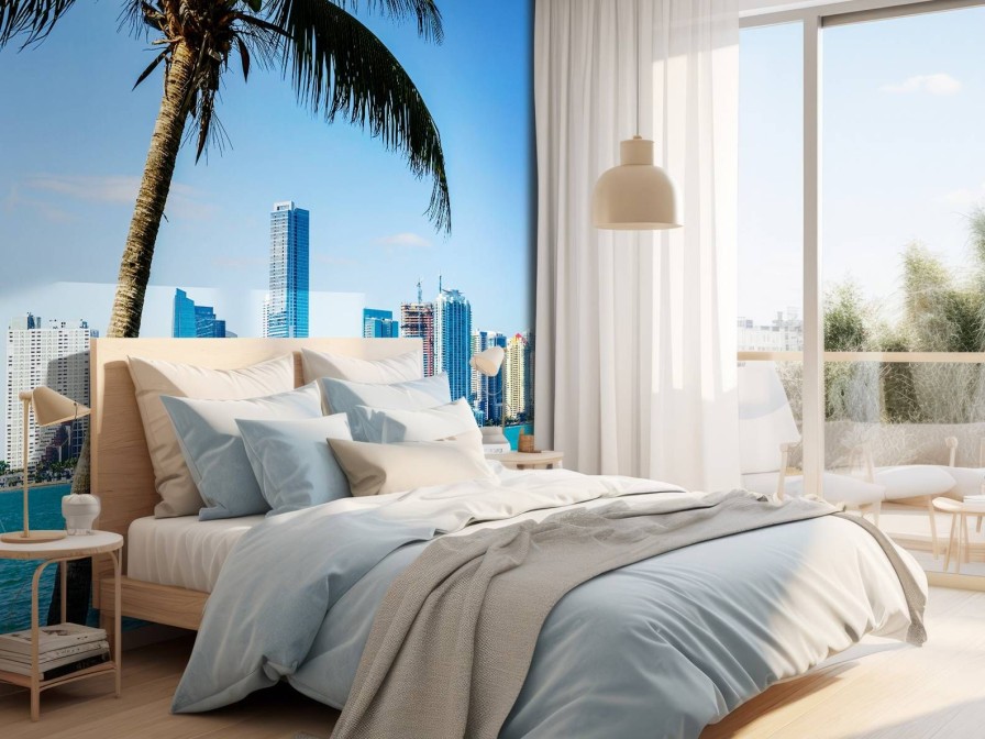 Landschap Wallgroup | Miami Skyline Met Een Palmboom Op De Voorgrond Fotobehang