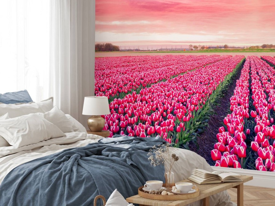 Natuur Wallgroup | Roze Tulpenveld Met Dynamische Kleuren Fotobehang