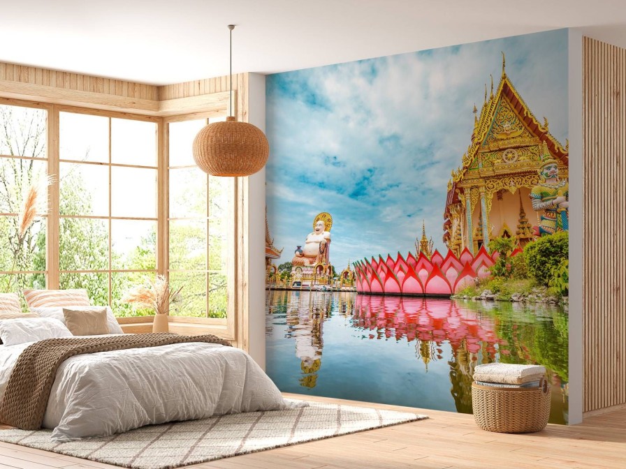 Architectuur Wallgroup | De Wat Plai Laem Boeddhistische Tempel Met Standbeelden Fotobehang