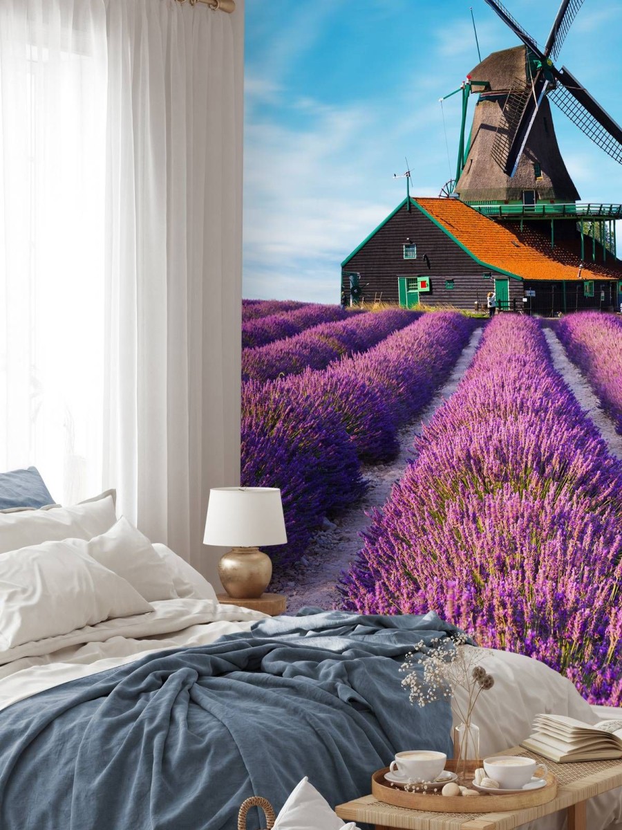 Natuur Wallgroup | Lavendel Veld Met Windmolen Op Achtergrond Fotobehang