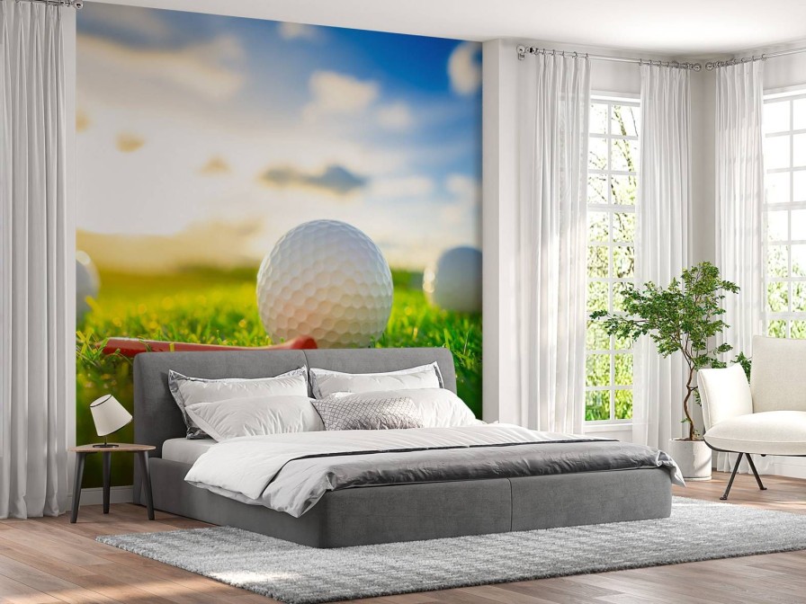 Sport Wallgroup | Golfballen Met Houder Op Kunstgras Fotobehang