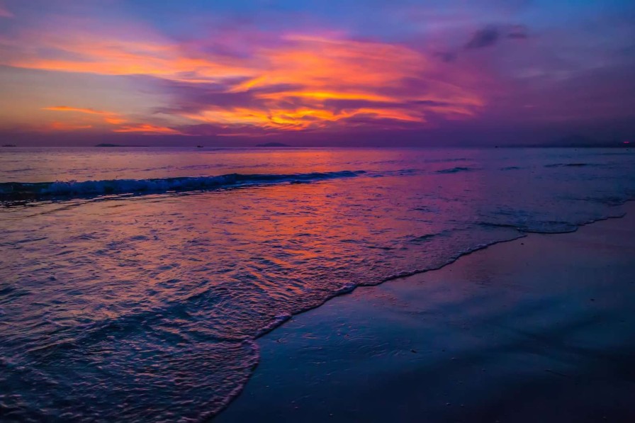 Landschap Wallgroup | Paarse Zonsondergang Op Het Strand Fotobehang