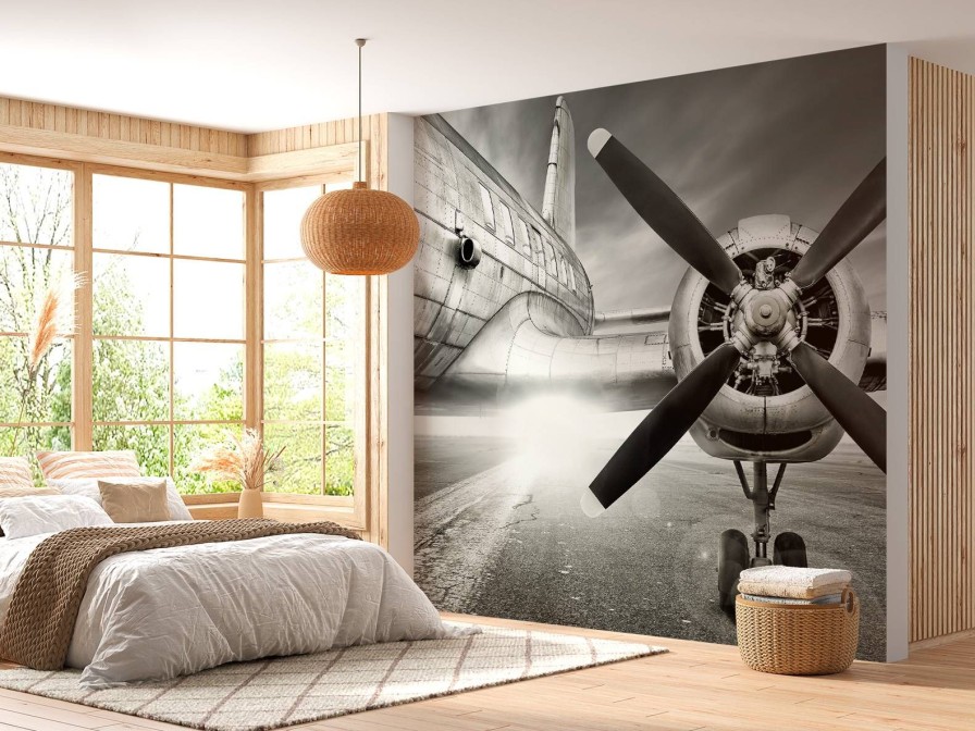 Transport Wallgroup | Vintage Vliegtuig In Zwart-Wit Fotobehang