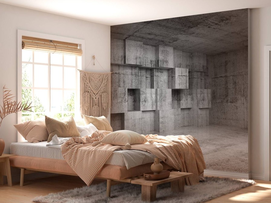 3D Wallgroup | Lege Betonnen Interieur Met Decoratie Kubussen Op De Muur Fotobehang