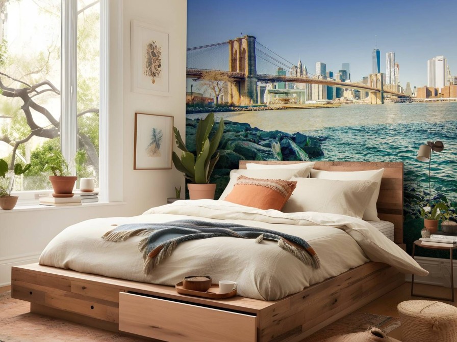 Architectuur Wallgroup | Brooklyn Bridge Met Een Skyline Op De Achtergrond Fotobehang