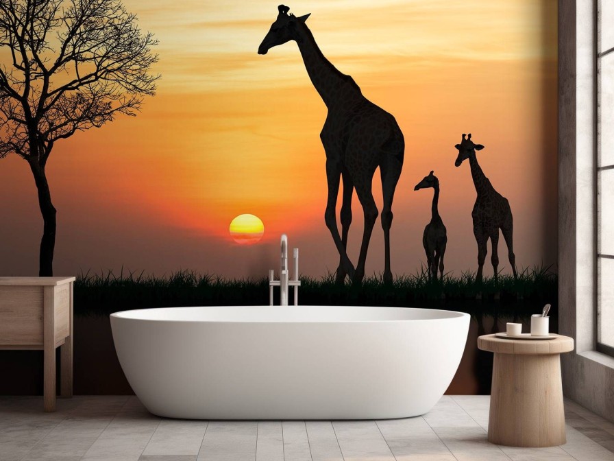 Landschap Wallgroup | Giraffe Achtergrond Met Zonsondergang Fotobehang