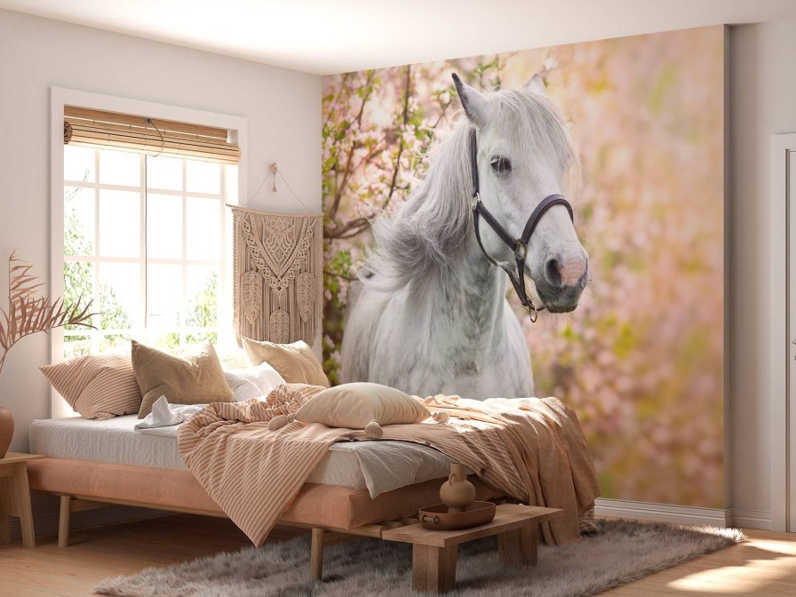 Natuur Wallgroup | Wit Paard Met Bloesem In Lente Fotobehang